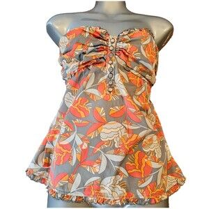 LUX strapless top medium gray orange floral smocked boho ruffle retro 60s inspir